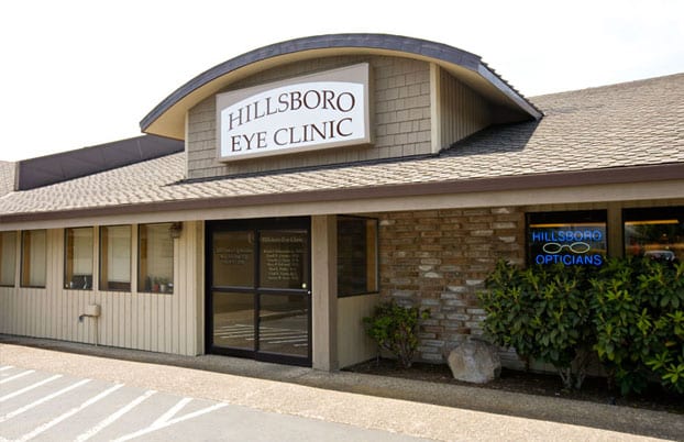 Front of building that reads "Hillsboro Eye Clinic Location"